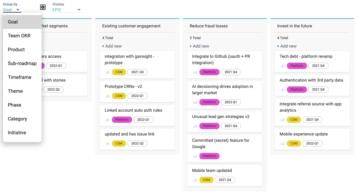 Kanban Board Roadmap A product roadmap example using Dragonboat, in this case, a Kanban board.